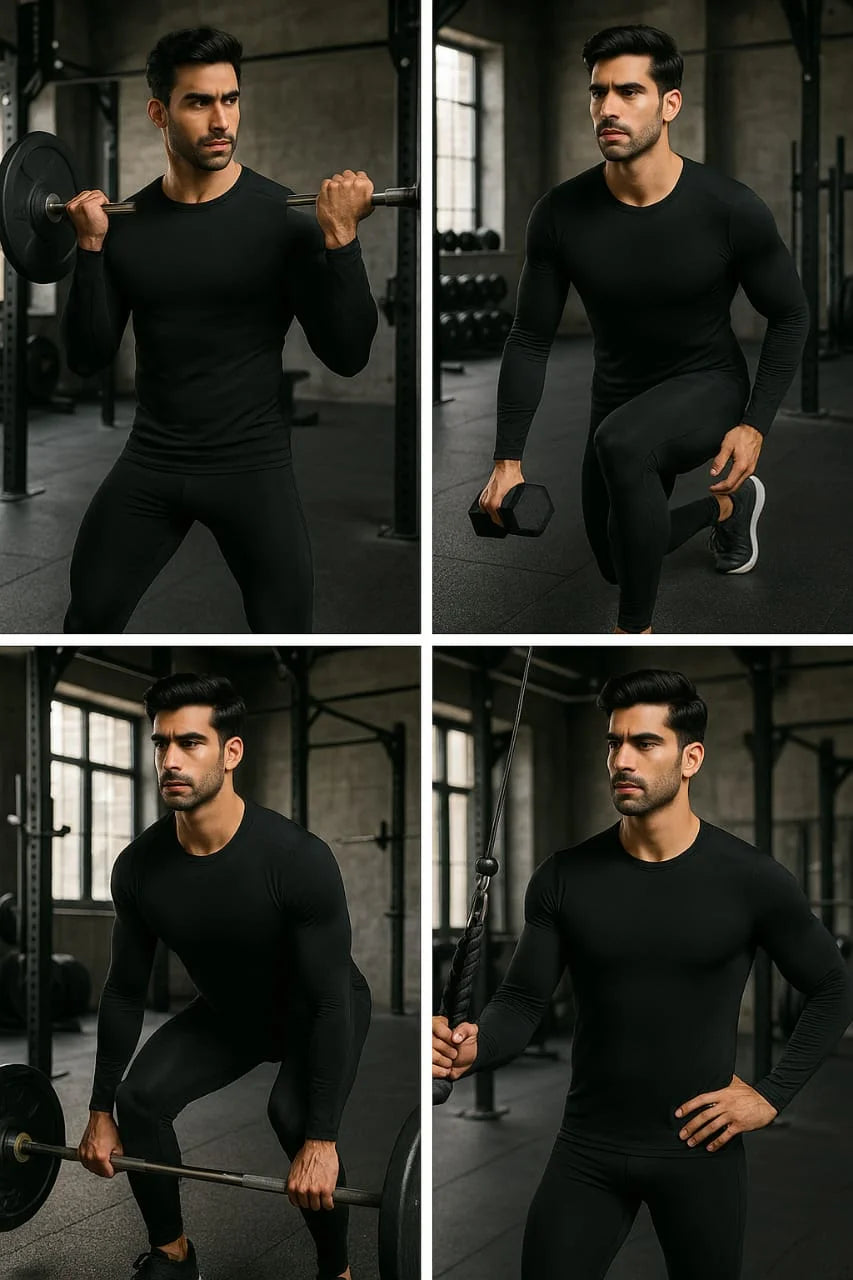 "Front view of All-in-One Men’s Compression Training Suit – sleek black design with muscle-support fit, ideal for high-performance workouts."
